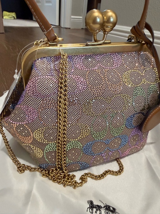 Coach Crystal Rainbow Signature Kisslock Bag with Tan Leather and Brass Hardware - Picture 11 of 15